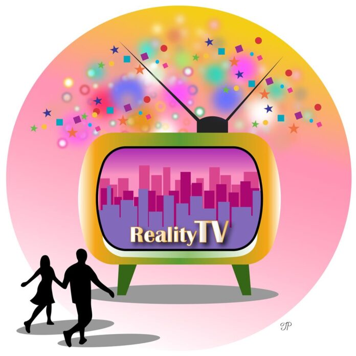 A large bright TV screen displays the words “Reality TV” against a colorful, cheerful background. A couple holding hands and walking towards the screen.