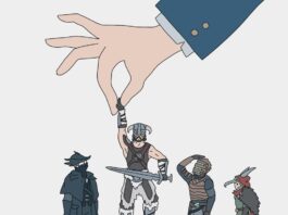 Video Game characters stand in a line, from left to right: Sackboy from Little Big Planet, Hunter from Bloodbone, Dragonborn from Skyrim, and a character from Odyssey, a cancelled Blizzard game. The Dragonborn is being plucked from the middle by the giant hand of someone wearing a suit.