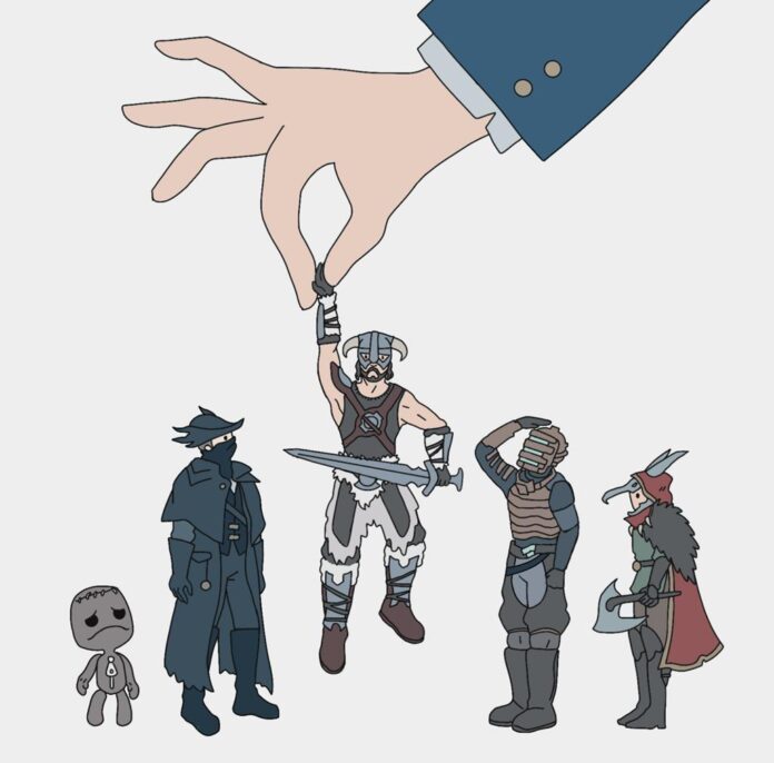 Video Game characters stand in a line, from left to right: Sackboy from Little Big Planet, Hunter from Bloodbone, Dragonborn from Skyrim, and a character from Odyssey, a cancelled Blizzard game. The Dragonborn is being plucked from the middle by the giant hand of someone wearing a suit.