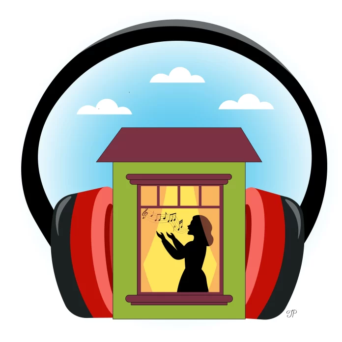A girl singing in the house; gigantic headphones cover the walls.
