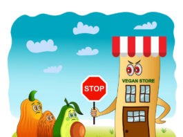 An anthropomorphic vegan store holds up a stop sign to some sad vegetables