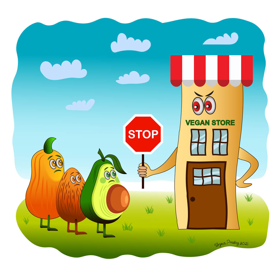 An anthropomorphic vegan store holds up a stop sign to some sad vegetables