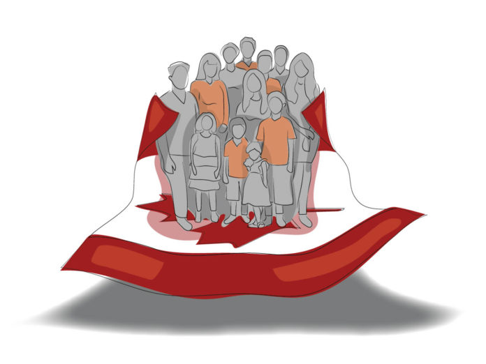 Illustration of grey, faceless people of all ages being wrapped in a Canadian flag. Some of them wear orange shirts.