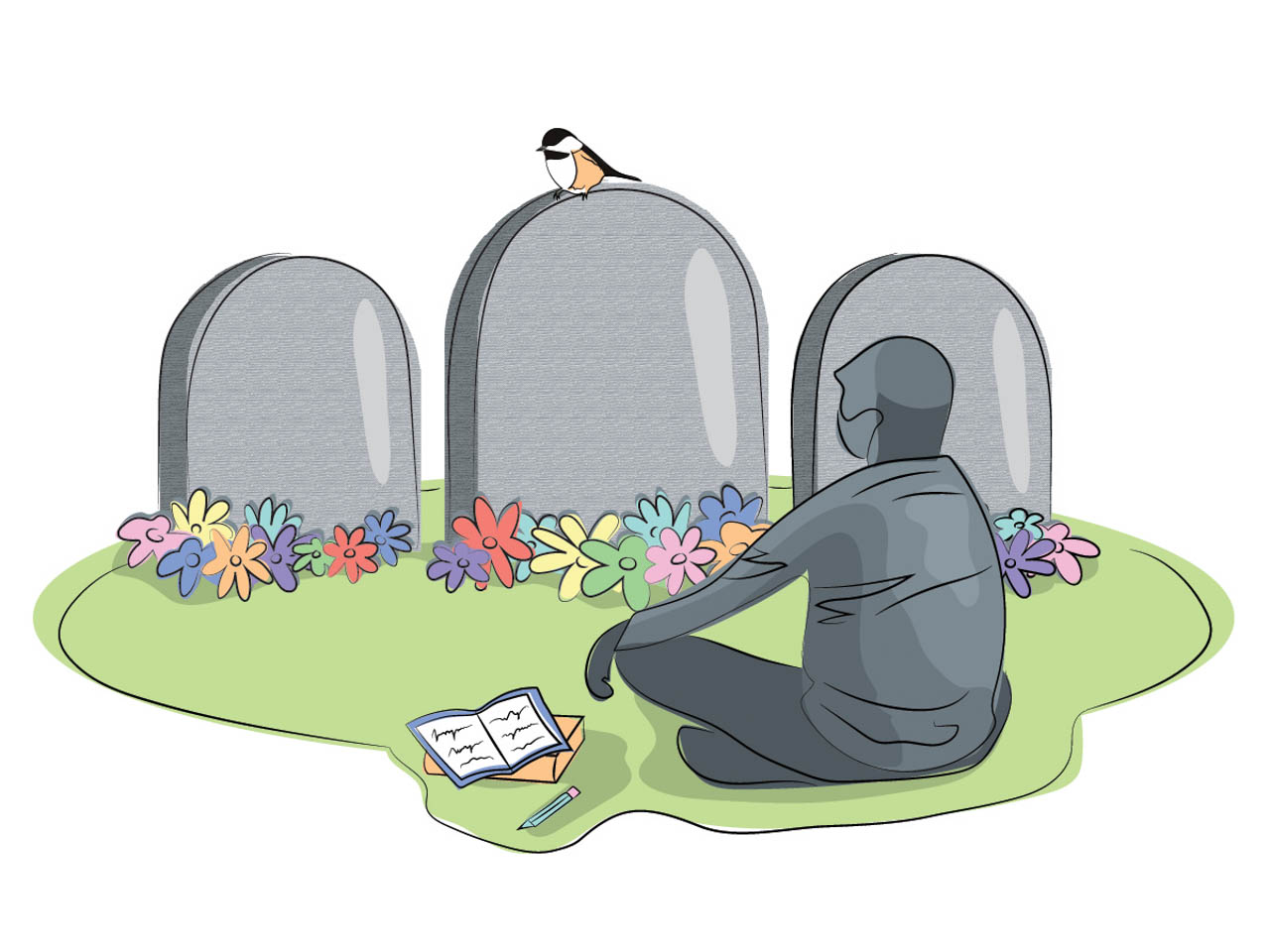 Illustration by Brielle Quon of a person sitting thoughtfully at headstones with a notebook. Colourful flowers and a bird surround the gravestones.