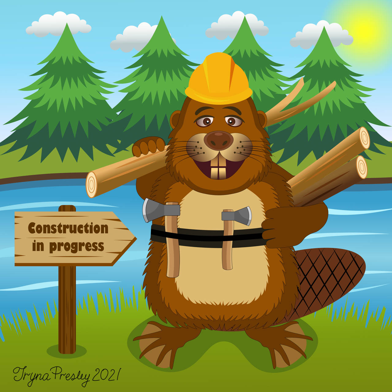 Illustration of a beaver with tools and a hard hat standing by a river and a sign that reads 