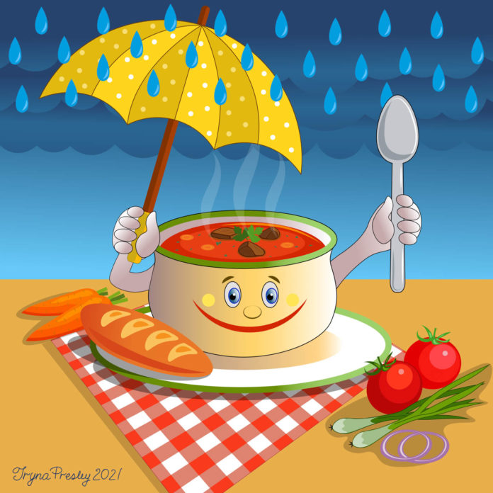 Illustration by Iryna Presley of a smiling soup pot, holding an umbrella to keep rain off of its head