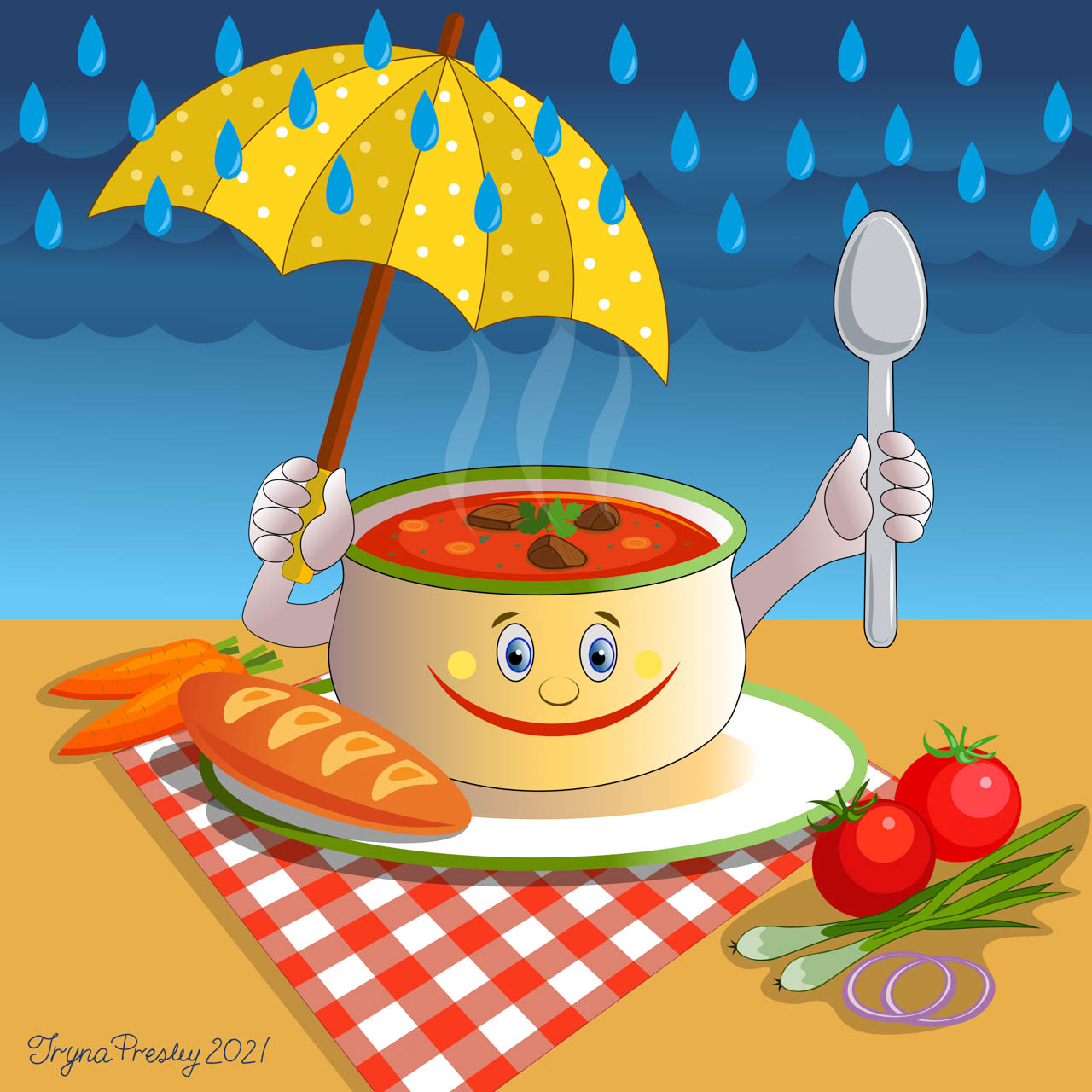 Illustration by Iryna Presley of a smiling soup pot, holding an umbrella to keep rain off of its head