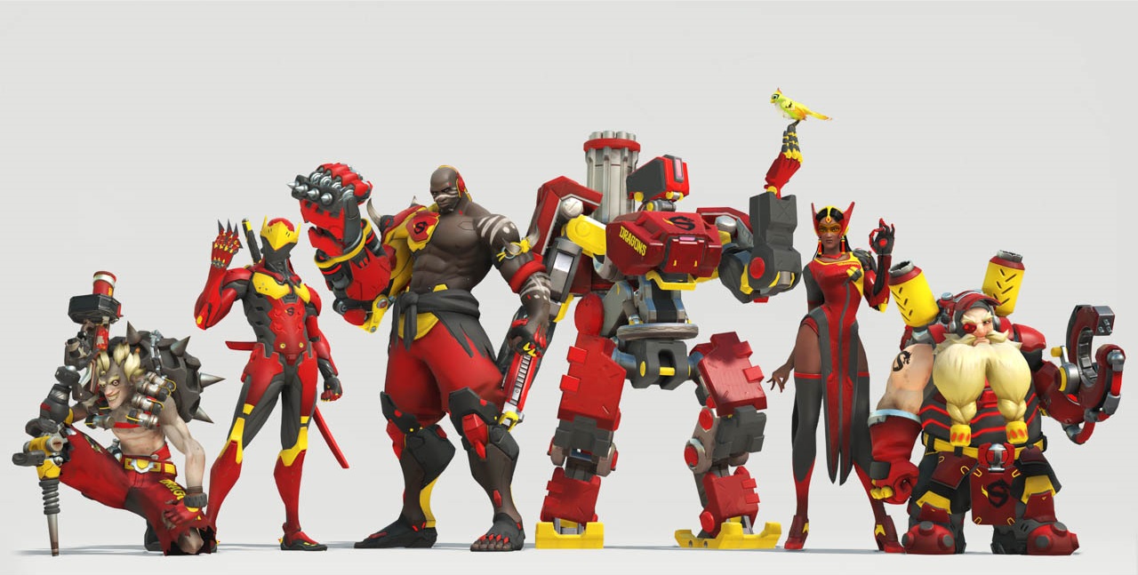 Screenshot of the Shanghai Dragons' Overwatch characters in their team colours of red and yellow.