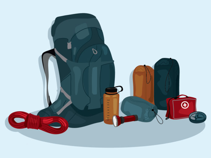 Illustration of survival equipment: a backpack, rope, water bottle, flashlight, first aid kit, compass, and several bags.