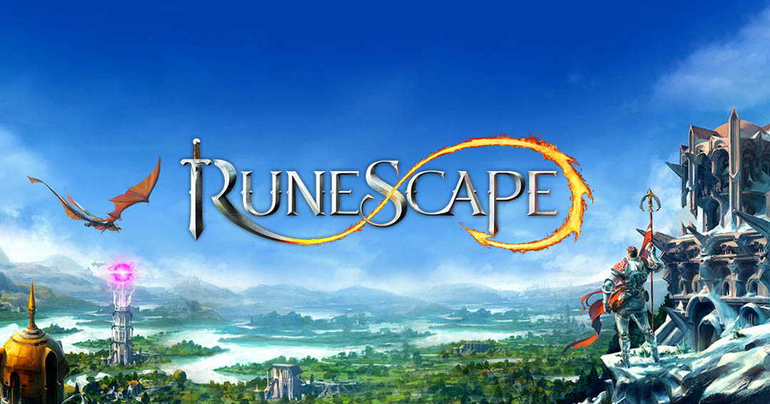 Title image for Runescape showing a warrior looking out over a vast landscape with a dragon in the distance