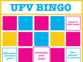 An illustrated UFV Bingo card, listing some of the items from the article.