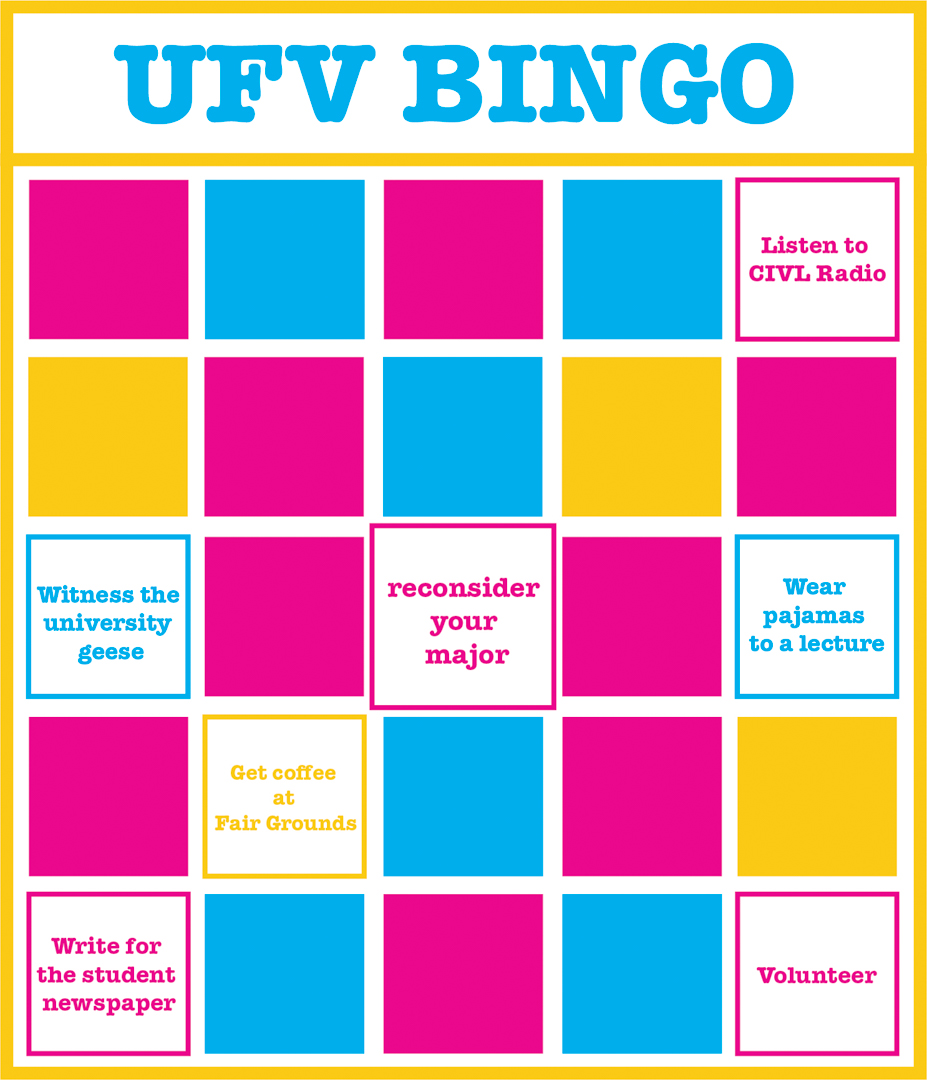 An illustrated UFV Bingo card, listing some of the items from the article.