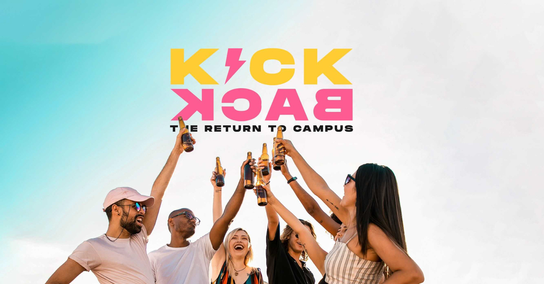 Poster for SUS's Kickback: The Return to Campus event, showing students raising bottles of beer
