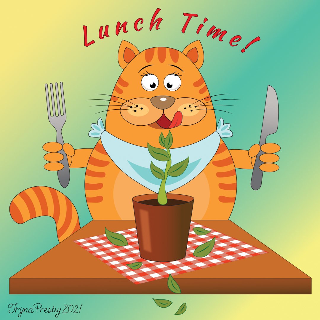 Illustration of a cat preparing to eat a plant with a knife and fork. Text reads 