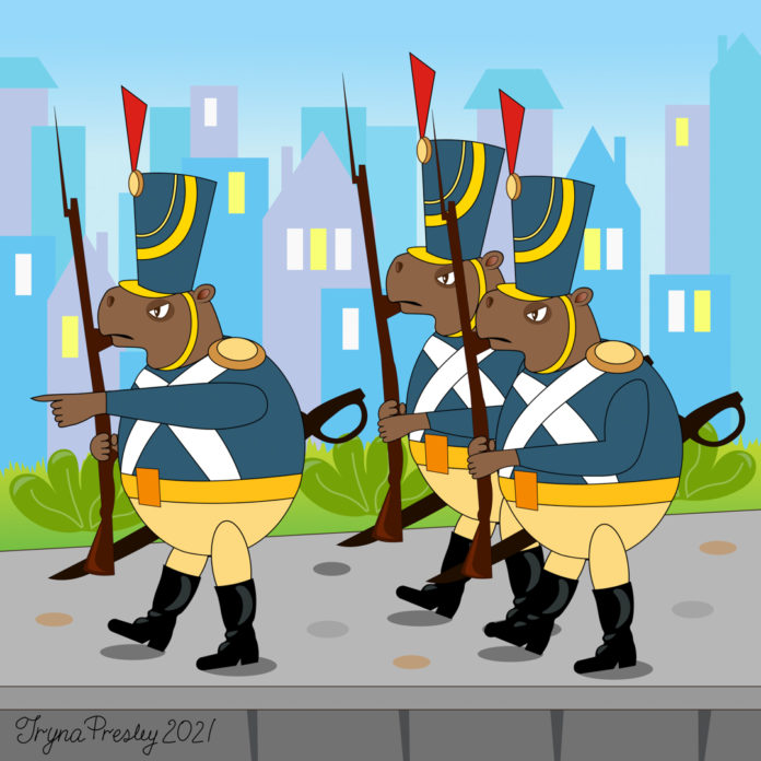 Illustration of marching capybaras wearing old-fashioned military uniforms