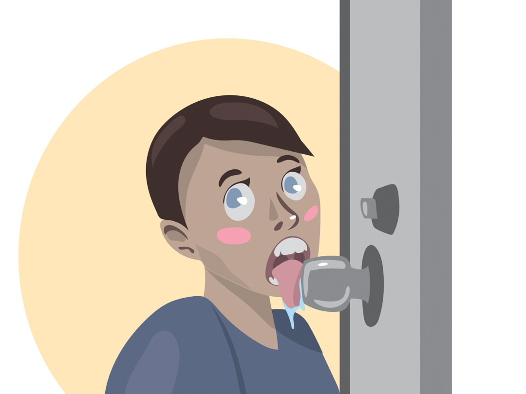 Illustration of a student licking a doorknob. Their tongue is dripping with salivia and it's really gross.