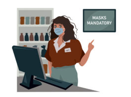 Illustration of an frazzled cashier in a mask pointing to a sign that reads "masks mandatory"