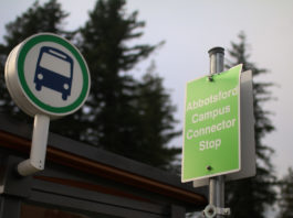 Photo of signs bus stop sign at the Abbotsford Campus Connector