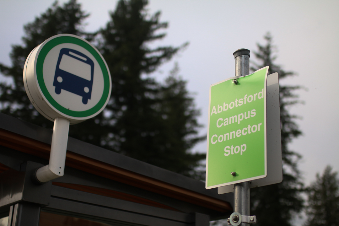 Photo of signs bus stop sign at the Abbotsford Campus Connector