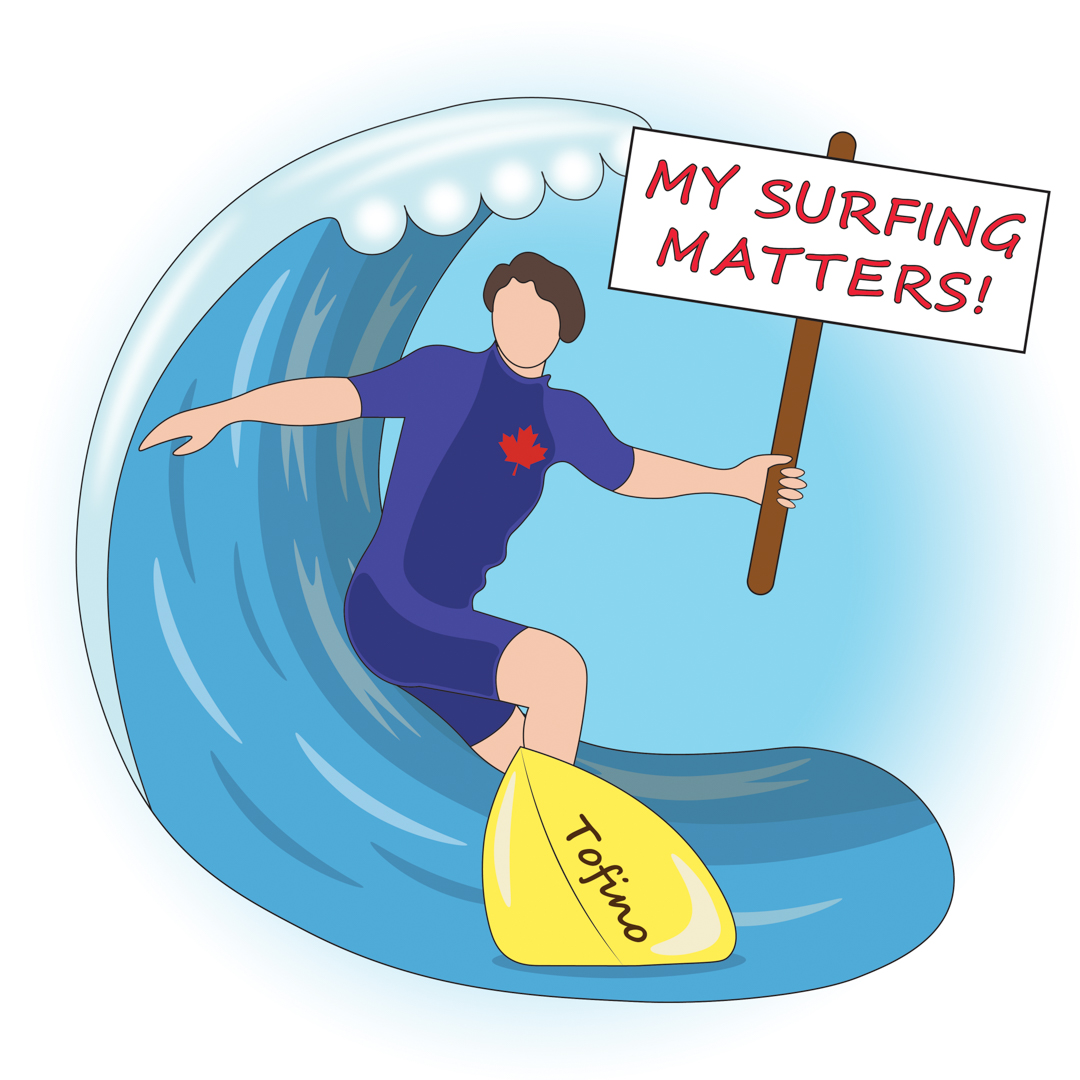 Illustration of Justin Trudeau surfing, holding a sign that says 