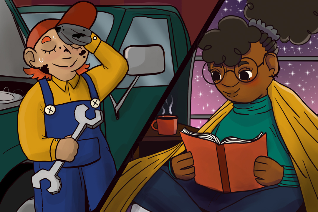 Illustration showing two scenes. One is a mechanic wiping the sweat off their forehead after working on a car. The other is a person reading a book, cozy under a blanket at night with a hot drink near by. Both look content and happy.