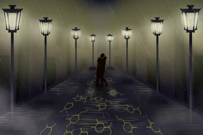Illustration of a couple embracing on a rainy street