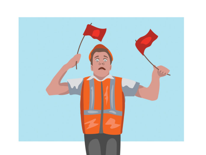 Illustration of a person in a high visibility vest waving two red flags while looking terrified