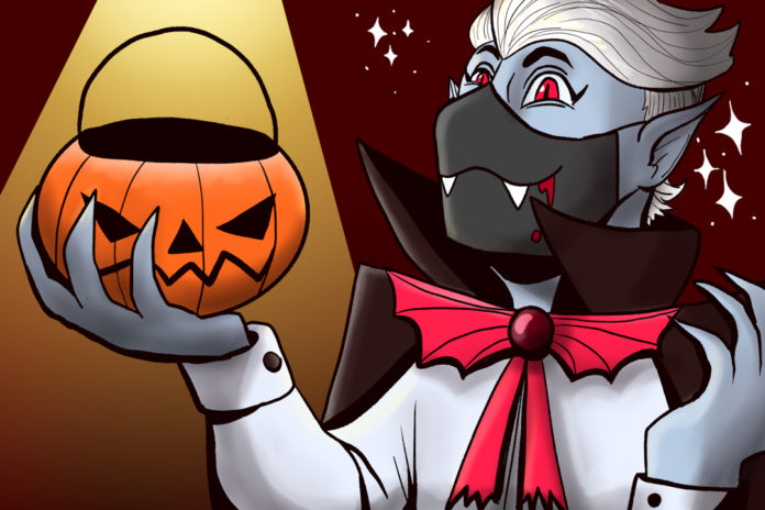 Illustration of a vampire wearing a face mask with fangs and blood on it, holding up a jack o'lantern bucket for trick or treating.
