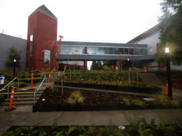 UFV's entrance between A and B building with construction tape on the stairs