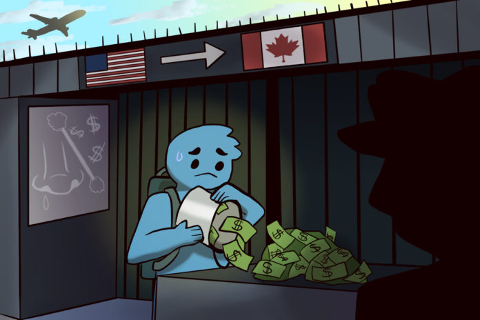 Illustration of a person dumping out a bucket of dollar bills at the Canada/US border