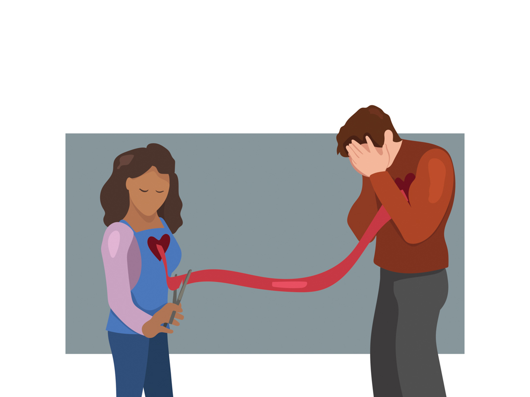 Illustration of two people breaking up. One is crying, while the other is cutting a red ribbon connecting their hearts