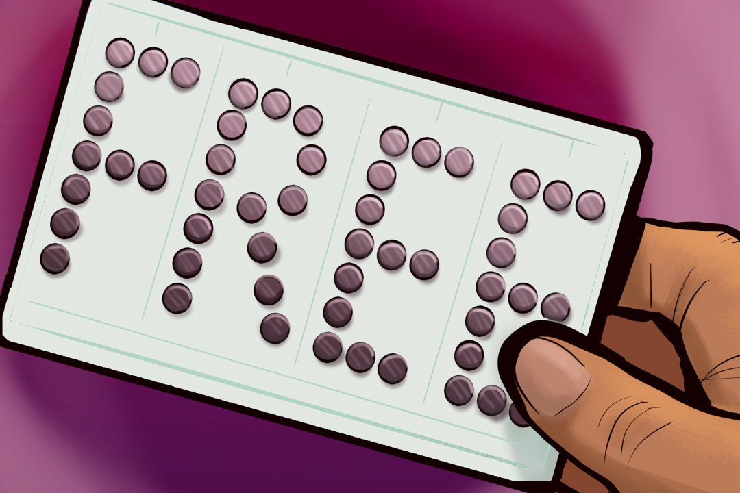 Illustration of birth control pills spelling the word 