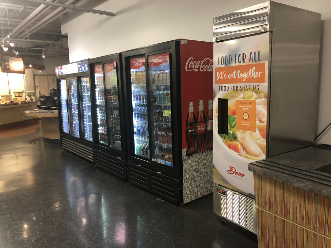 Photo of the Food for All freezer in UFV's cafeteria, which reads 