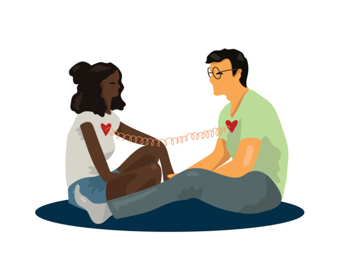 Illustration of two partners chatting on the floor, with a curled wire connecting their hearst as they talk