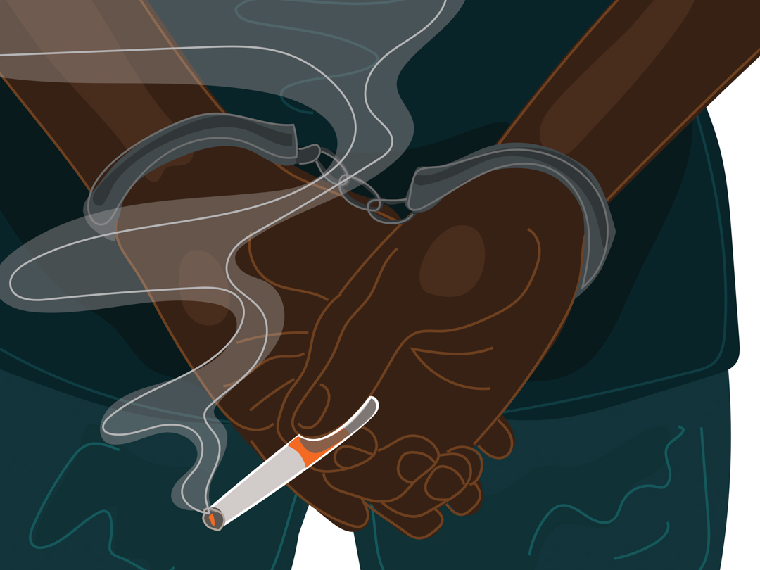 Illustration of Black hands, handcuffed and holding a lit cigarette