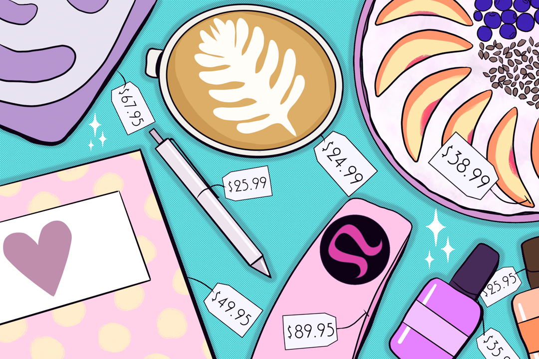 Illustration of various products with price tags, including pen, makeup, a latte, and food