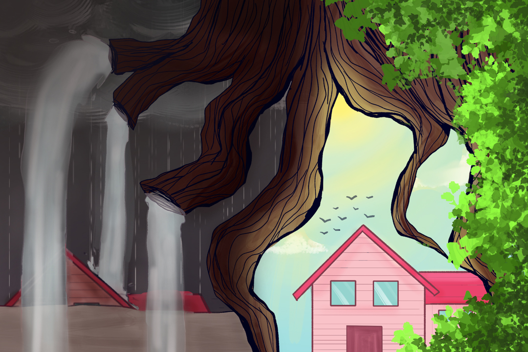 Illustration of two scenes, seperated by tree roots. The first shows a house flooding, the second shows the same house on a clear and sunny day