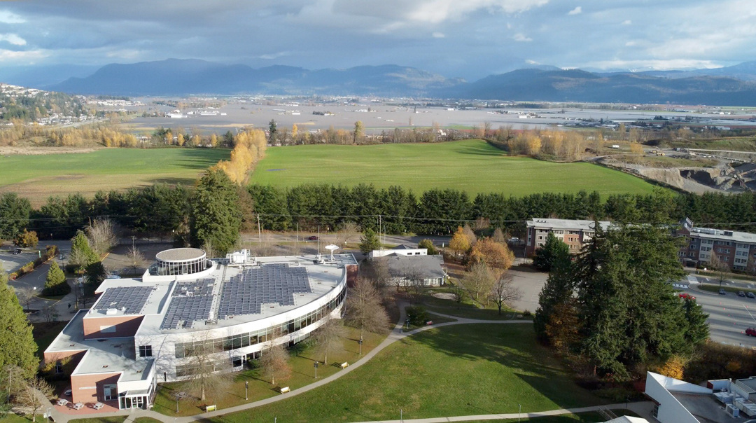Aeriel photo of UFV Abbotsford's Building G with flooding in background