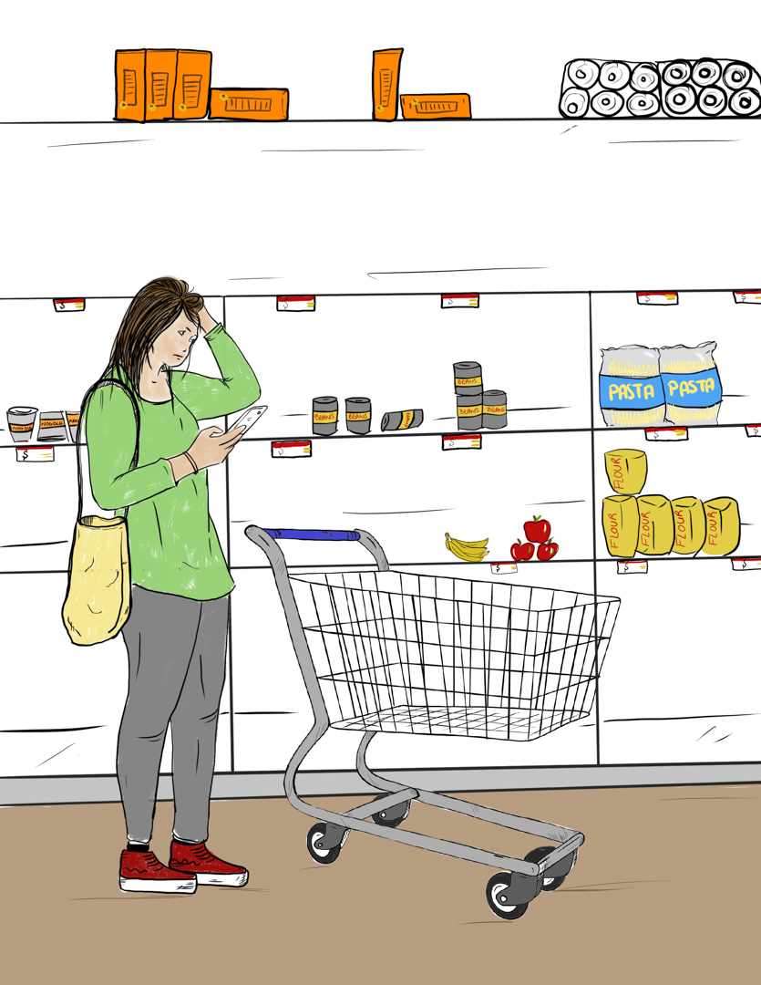 Illustration of a shopper with an empty cart, looking at the phone in uncertainty