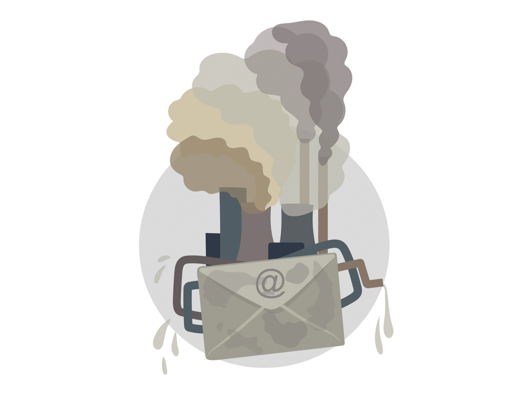 Illustration of an email envelope with pipes belching out thick clouds of smoke like an industrial factory