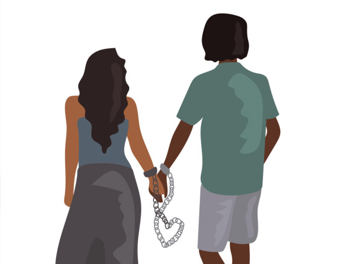 Illustration of two partners holding hands, but also handcuffed together.