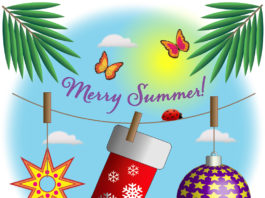 Illustration of Christmas decorations hanging from a line with palm trees and sun in the background. Text reads "merry summer"