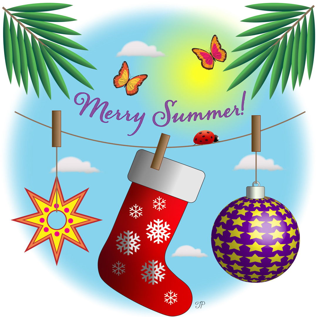 Illustration of Christmas decorations hanging from a line with palm trees and sun in the background. Text reads 