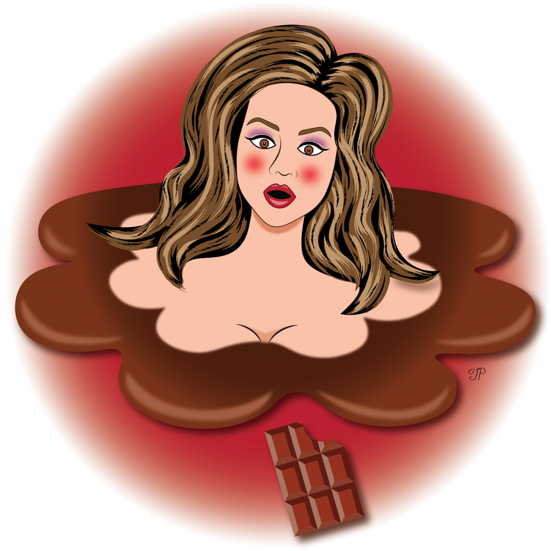 Illustration of a naked woman in a pool of chocolate, with exaggerated makeup