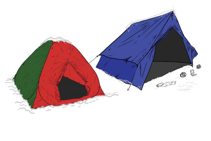 Illustration a pair of tents, covered in snow