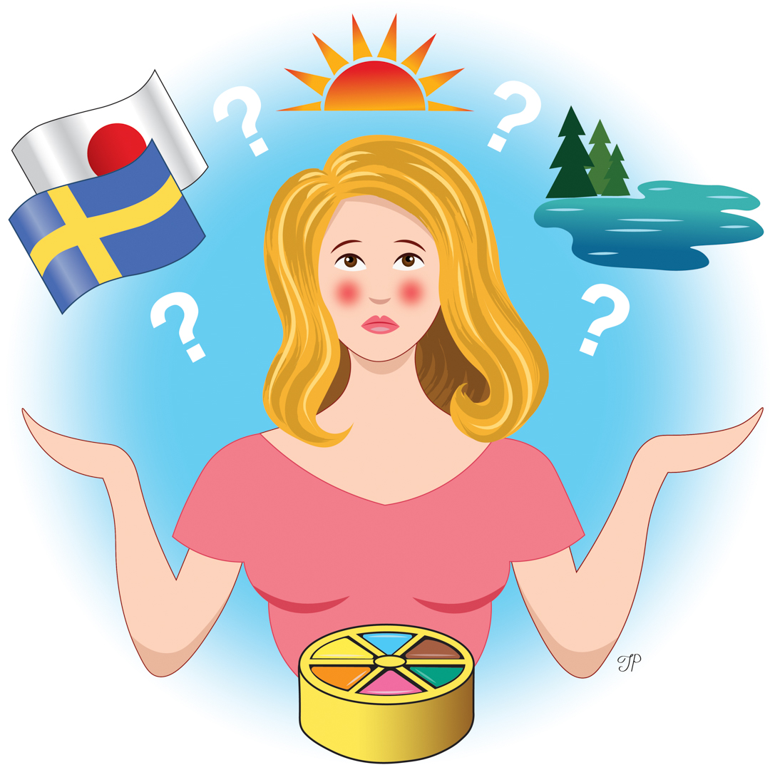Illustration of a person playing trivial pursuit and having questions about topics like flags, sunrises, and lakes
