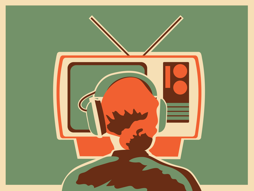 Illustration of a person watching a retro TV while wearing bulky headphones