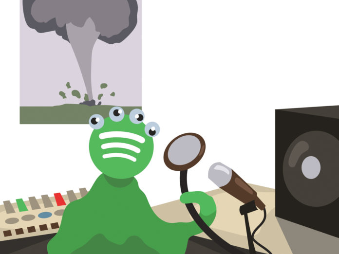 Illustration of a 4-eyed alien podcasting while a tornado tears up the ground outside