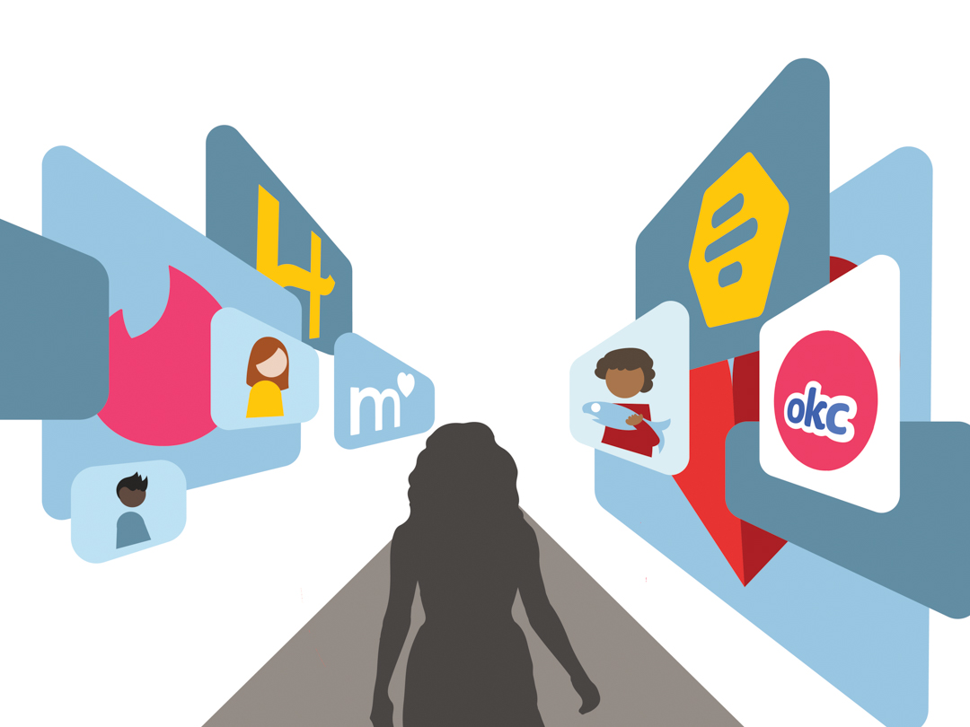 Illustration of a person walking past images representing different dating apps