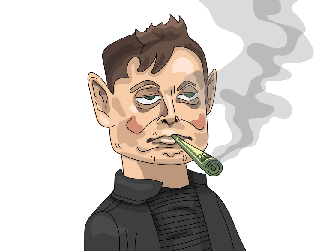 Illustration of Elon Musk smoking a lit $20 bill